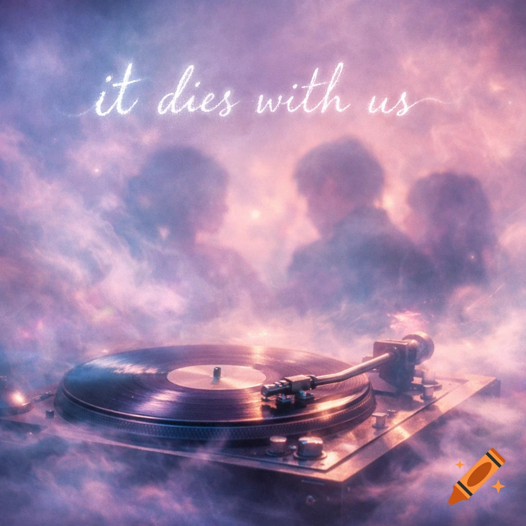 A record player floats in dreamy pink and purple clouds with hazy figures. 'it dies with us' text glows above.