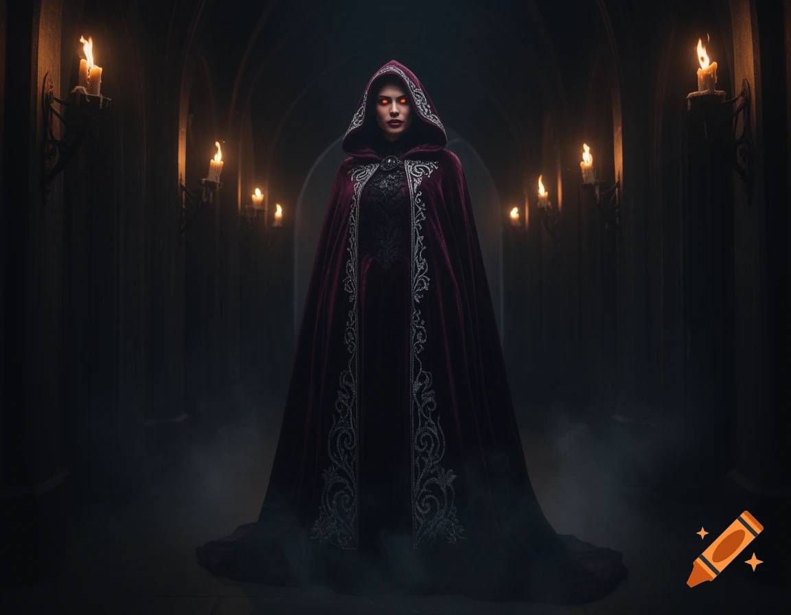 A mysterious figure in a dark red hooded cloak with glowing red eyes ...