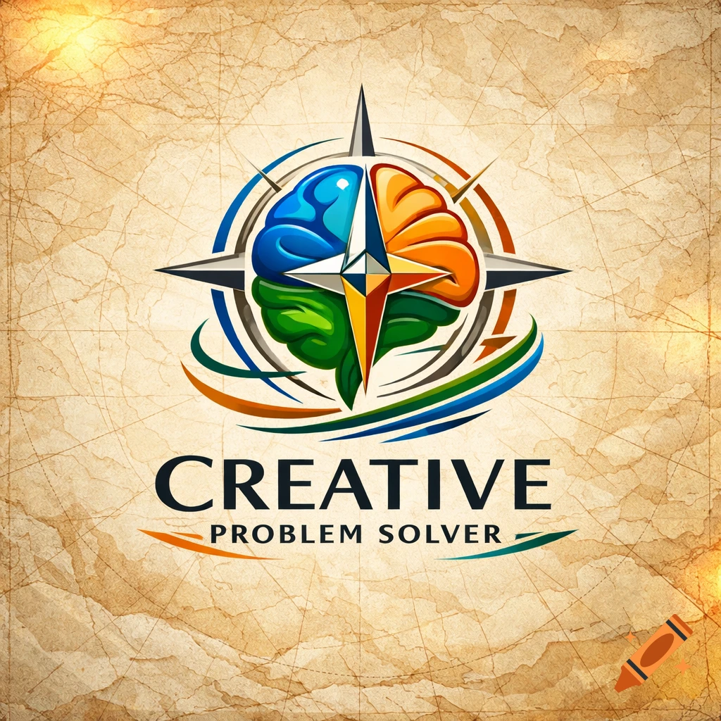 Logo with a colorful stylized brain merged with a compass rose on a vintage map background, text 'CREATIVE PROBLEM SOLVER'.