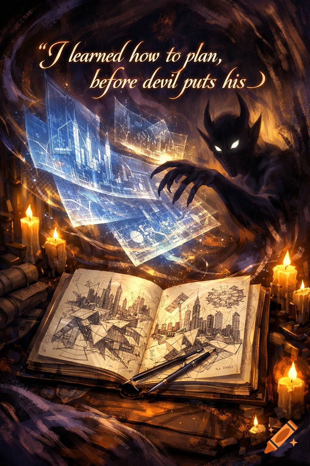 A shadowy, horned demon with glowing eyes hovers over glowing blueprints, while an open book with cityscape sketches and lit candles sits on a table. Dark fantasy style.