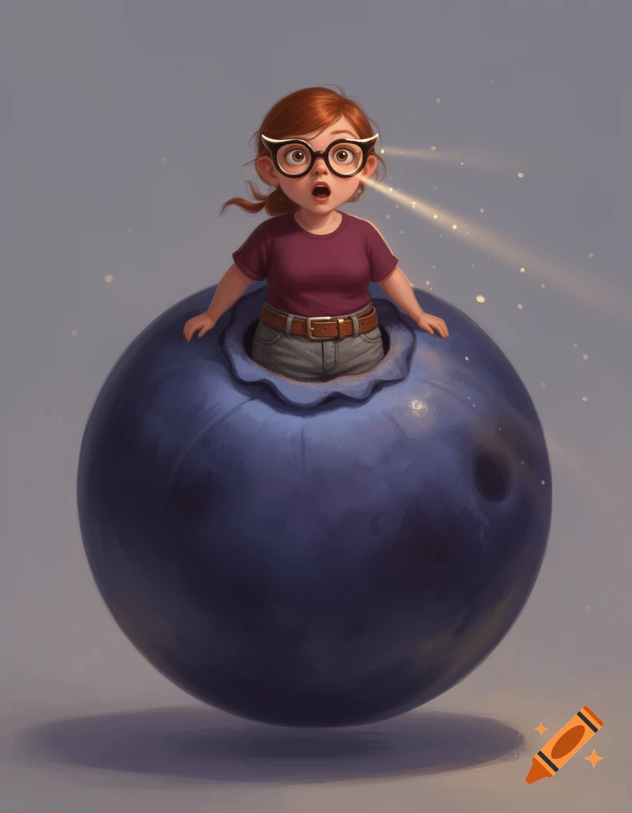 A cartoon woman with red hair and glasses, wearing a maroon shirt and jeans, looks surprised while emerging from a giant blueberry.