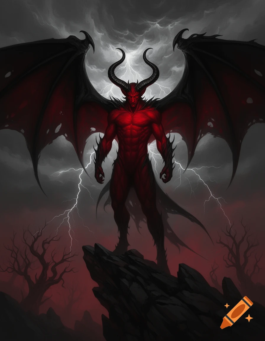 Red-skinned demon with black horns and bat wings stands on rocks under a stormy, lightning-filled sky in a dark fantasy digital illustration.