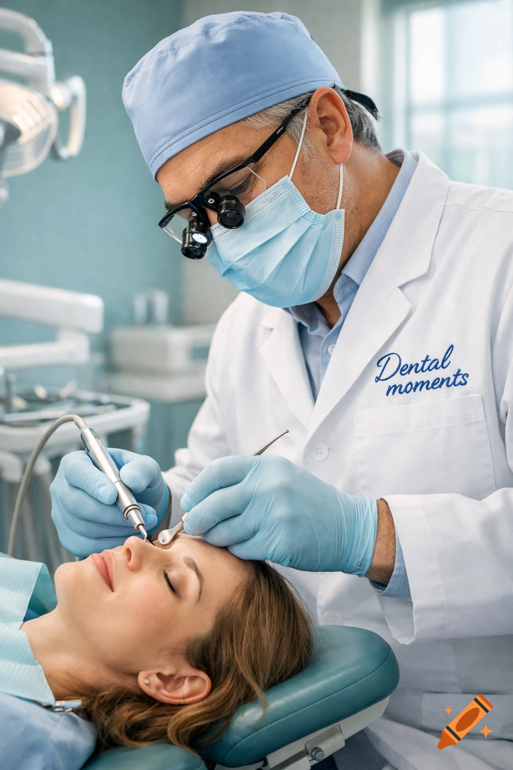 Photorealistic image of a dentist in a mask and loupes, with 'Dental moments' on his coat, performing a dental cleaning on a patient.