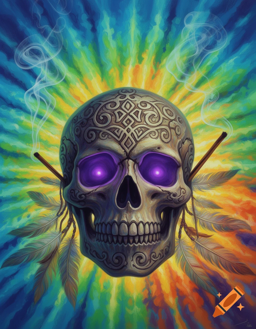 A stylized painting of a carved skull with glowing purple eyes, feathers, and smoke against a vibrant tropical tie-dye background.