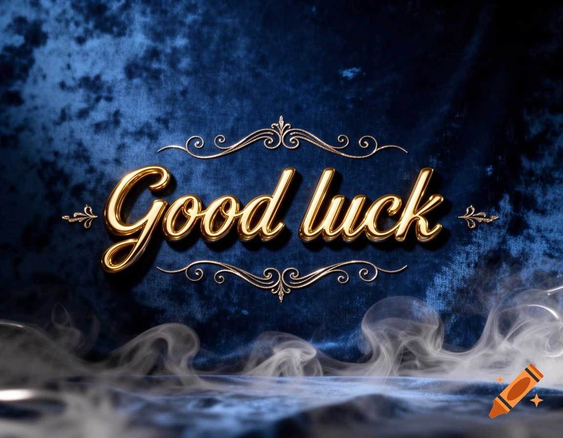 Golden "Good luck" text with ornate flourishes on a dark blue velvet background, with smoke swirling at the bottom.