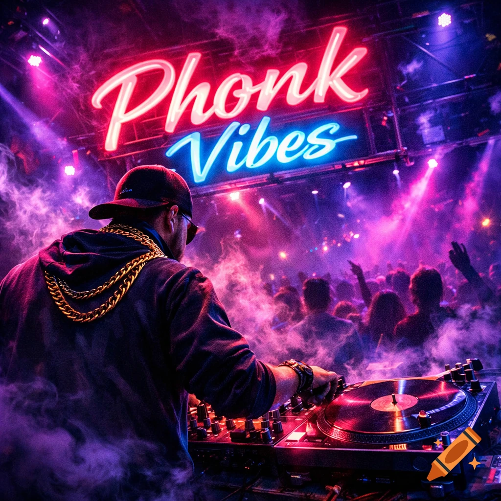 A DJ from behind, mixing music at a neon-lit club with a sign reading 'Phonk Vibes' above a dancing crowd.