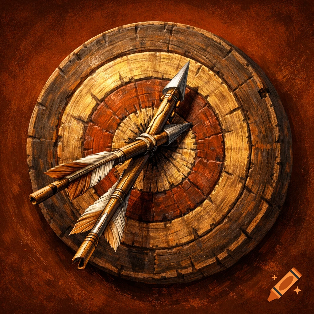 Two wooden arrows pierce a rustic circular archery target with red and light brown rings, painterly style.