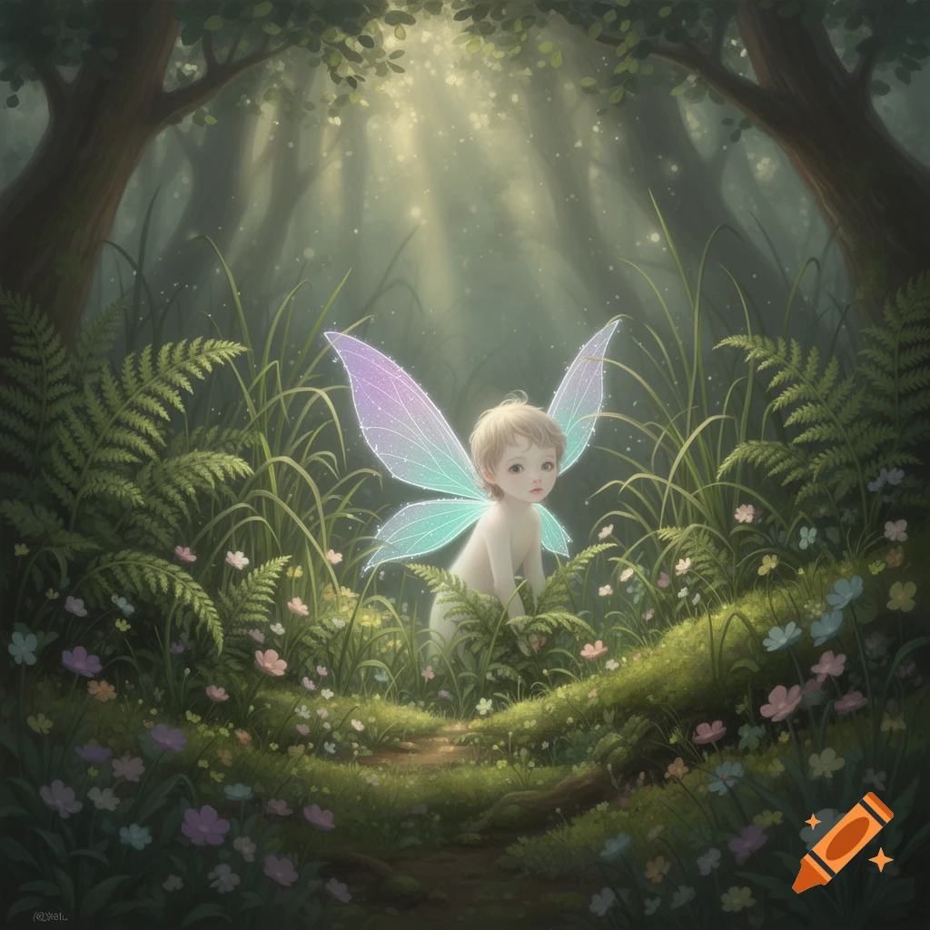 A tiny, bare-bodied fairy with translucent glowing wings sits among lush green ferns and small colorful wildflowers in a sunlit forest.