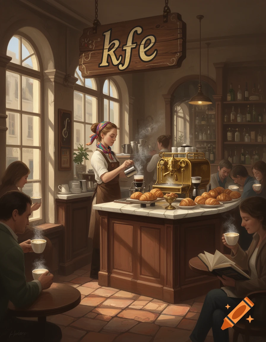 A warmly lit, painterly coffee shop interior with a barista pouring coffee, customers enjoying drinks and pastries.