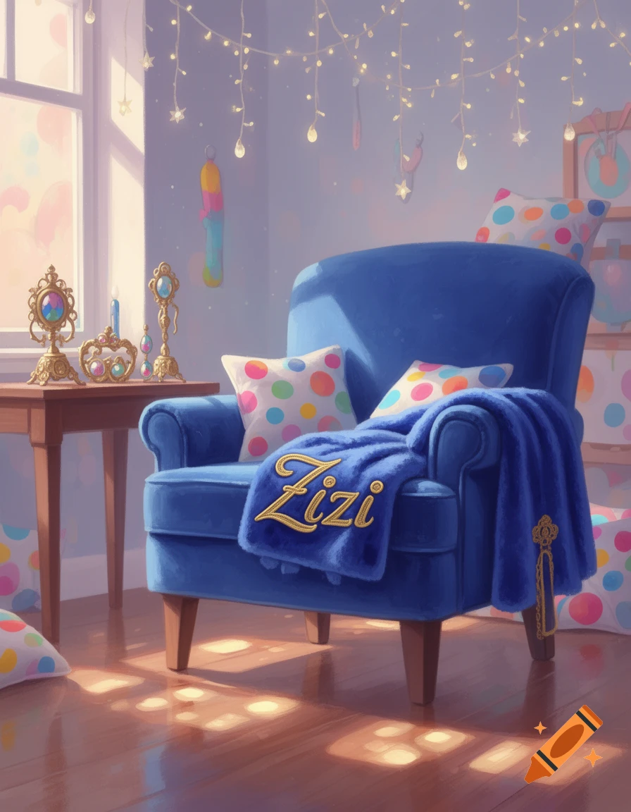 A cozy, brightly lit room with a blue armchair, polka dot pillows, and a blue blanket embroidered with "Zizi".