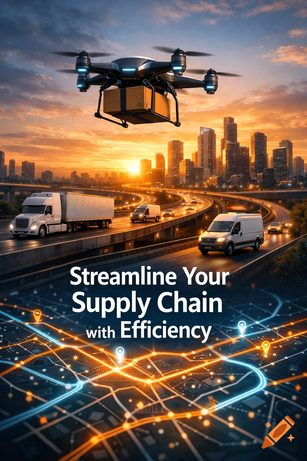 A drone carrying a package flies over a city skyline and highway with trucks at sunset, with a glowing map overlay and text about supply chain efficiency.