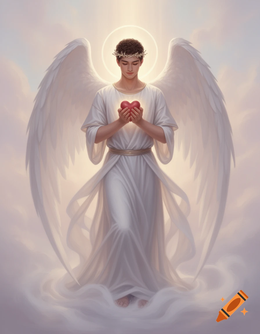 An angelic male figure with large white wings and a halo, holding a glowing red heart, stands in a flowing white tunic amidst clouds.