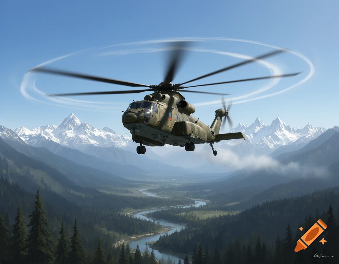 A military helicopter flies with motion blur over a forested mountain valley with a winding river under a blue sky.