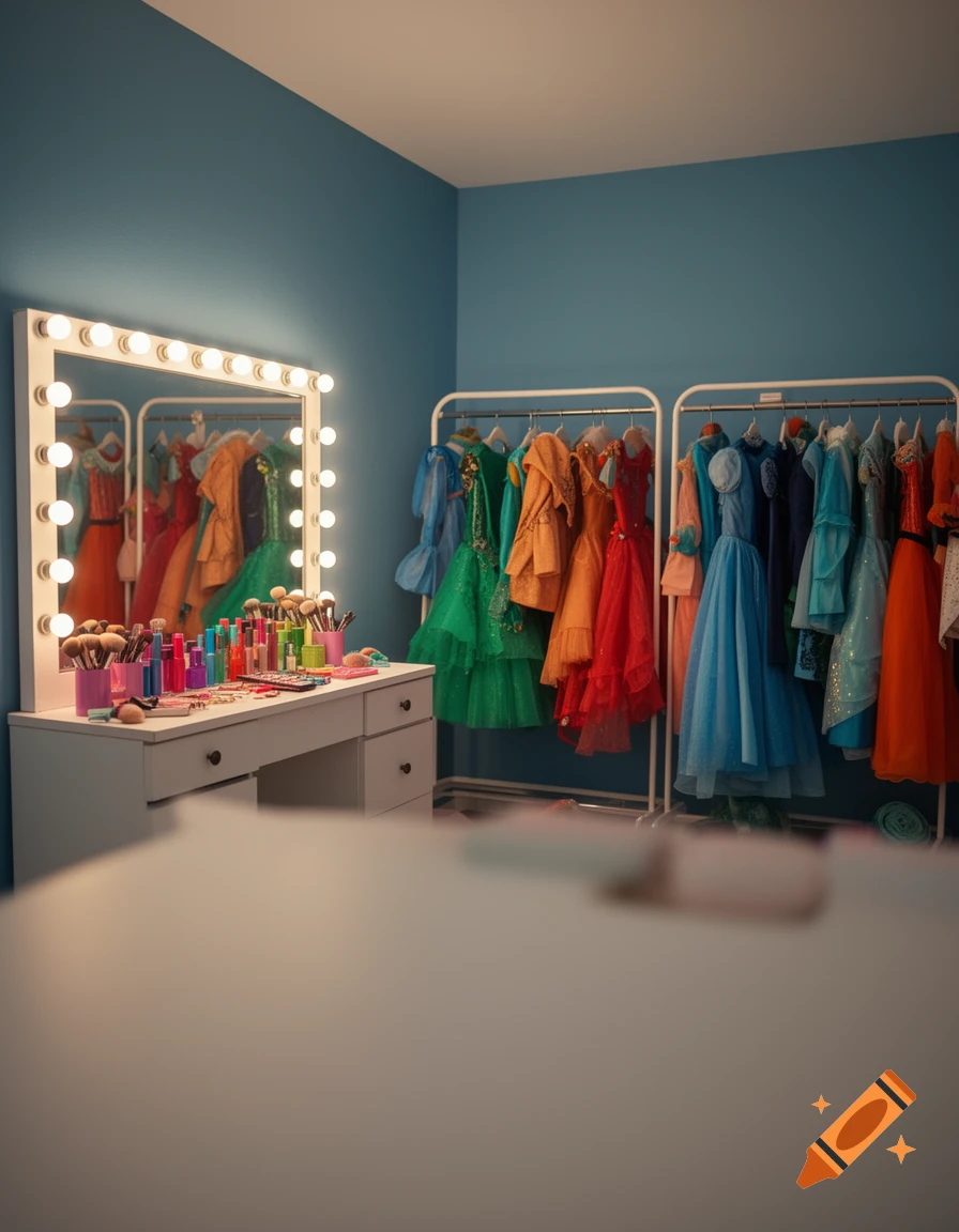 Photorealistic dressing room with a lighted vanity, makeup, and racks of colorful dresses, set against a blue wall.