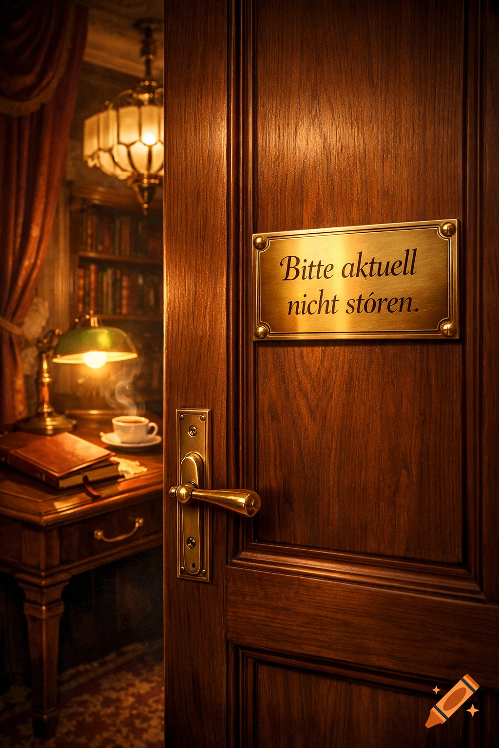 A slightly open wooden door with a brass 'Do Not Disturb' sign, showing a cozy, warmly lit study with books and coffee. Photorealistic.