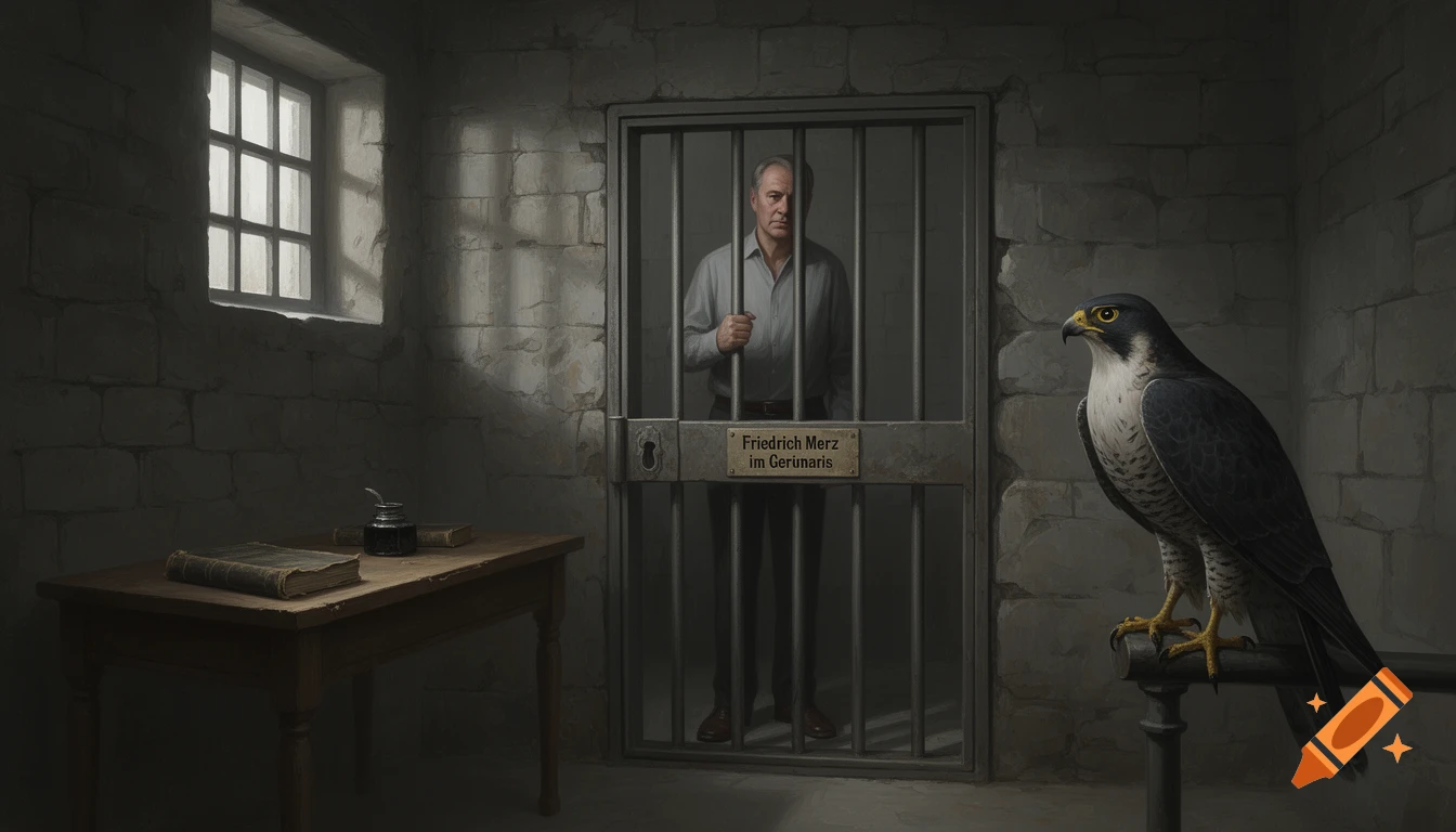 A man, Friedrich Merz, stands behind prison bars with a falcon perched on a stand to the right in a dimly lit stone cell.