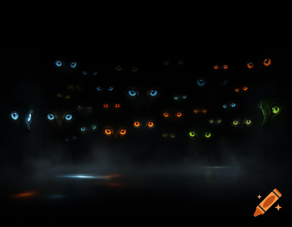 Many glowing, colorful animal eyes, including blue, orange, and green, peer out from a dark, misty background.