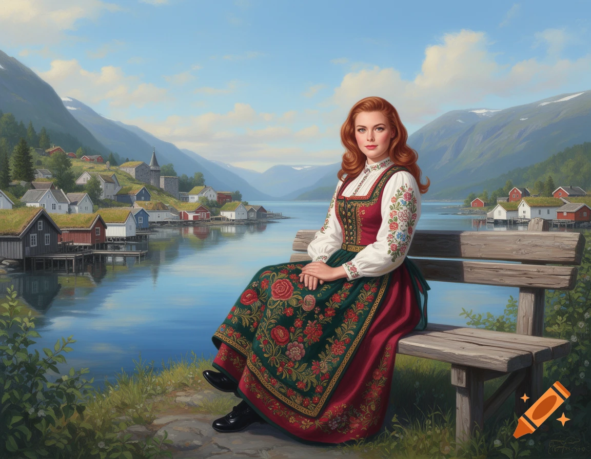 Red-haired woman in a traditional Norwegian bunad sits on a bench, overlooking a picturesque fjord village. Painting style.