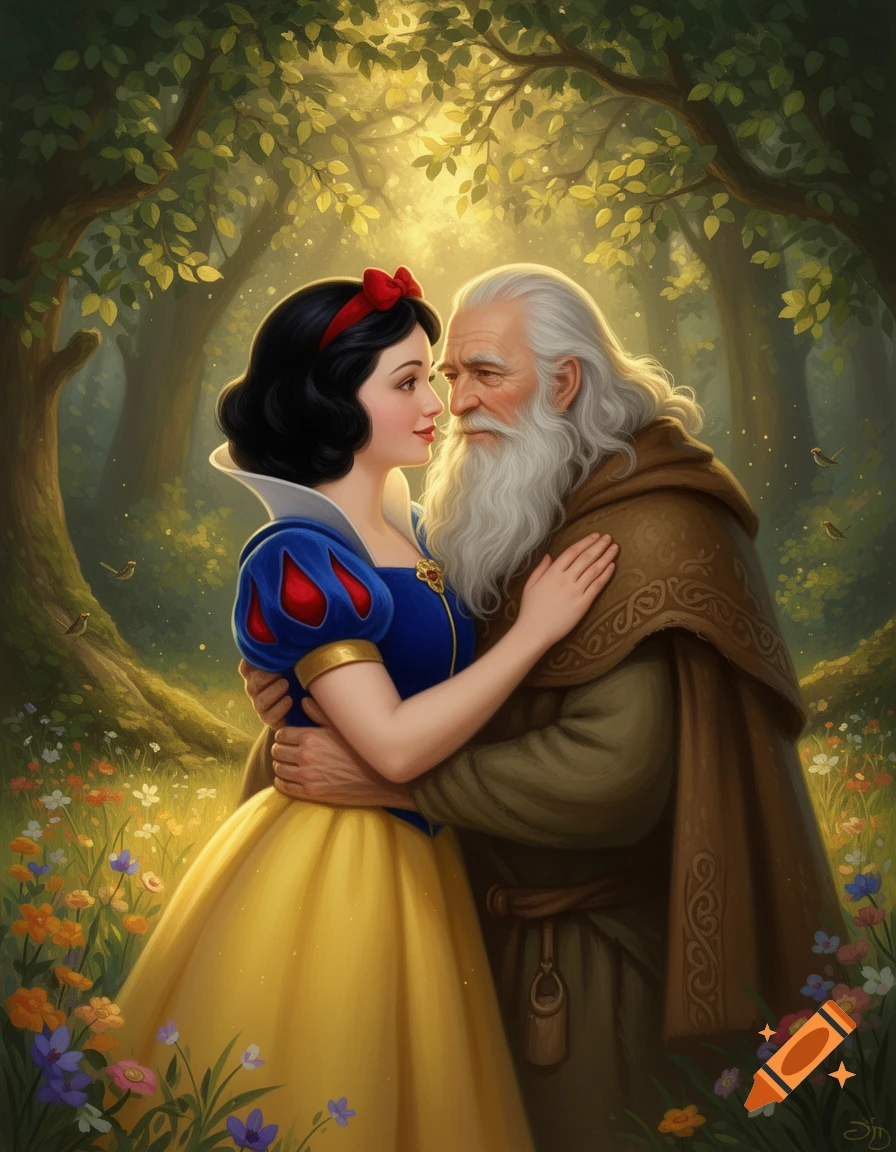 Snow White and an old, bearded man embrace in a sunlit enchanted forest filled with wildflowers, digital painting.