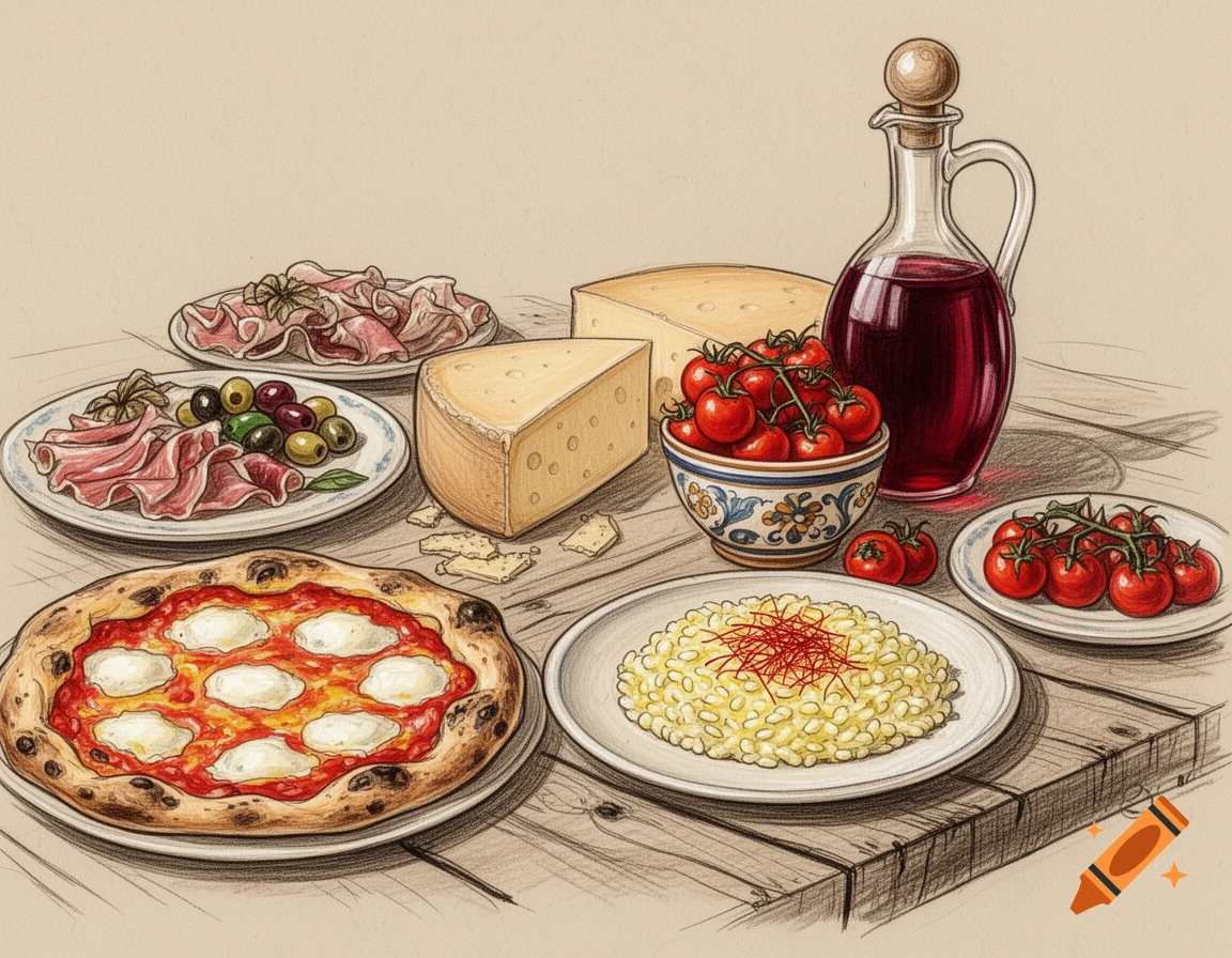 Sketch illustration of Italian food spread: pizza, cheese, prosciutto, olives, cherry tomatoes, wine on a wooden table.
