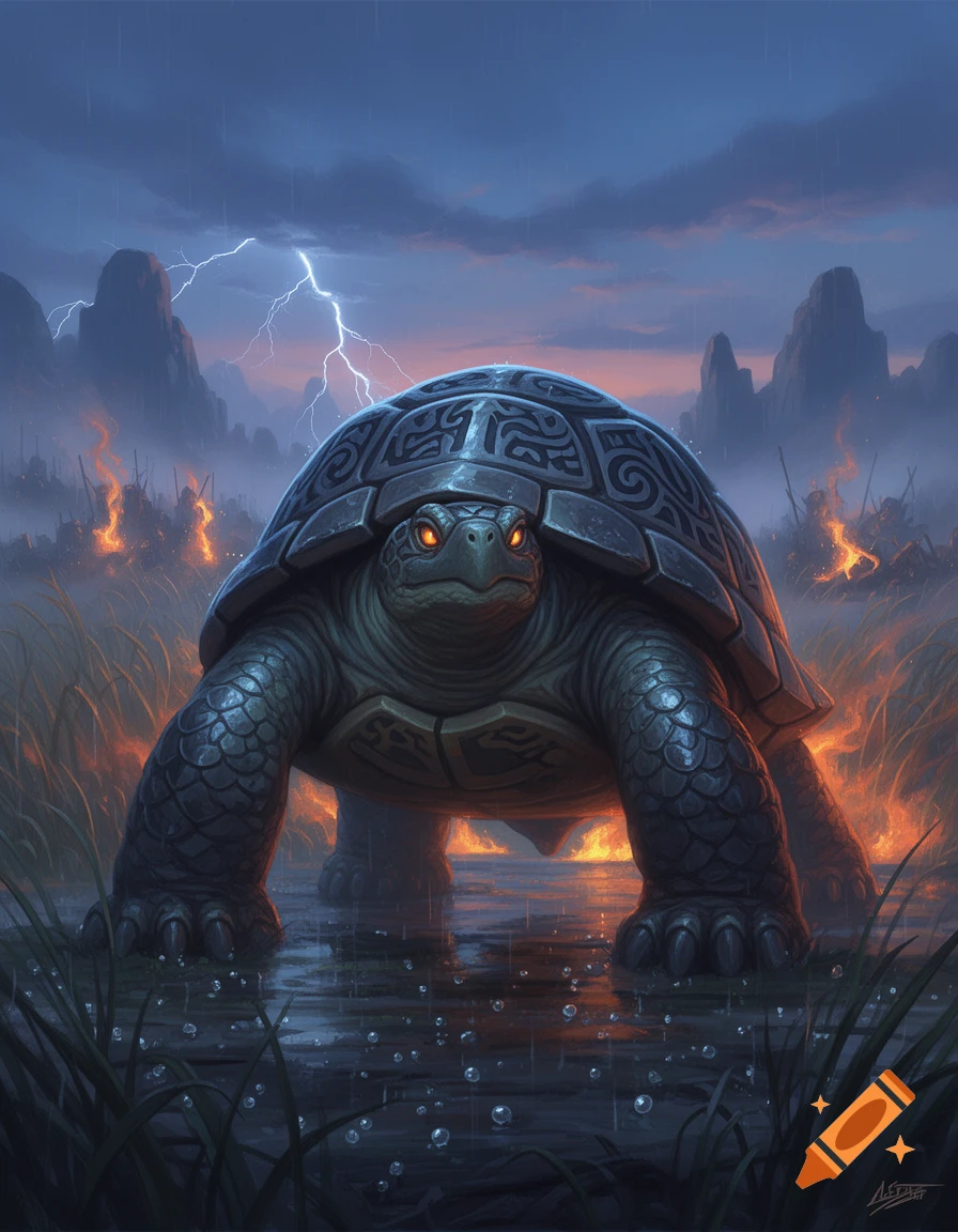 A formidable armored turtle with glowing red eyes stands in water on a stormy battlefield with lightning and distant fires.