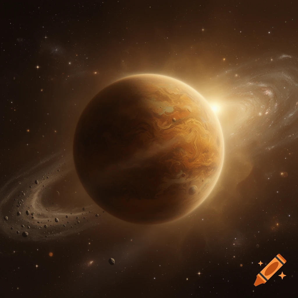 A warm-toned planet with a glowing ring system and small moons, illuminated by a bright sun in a star-filled galaxy.