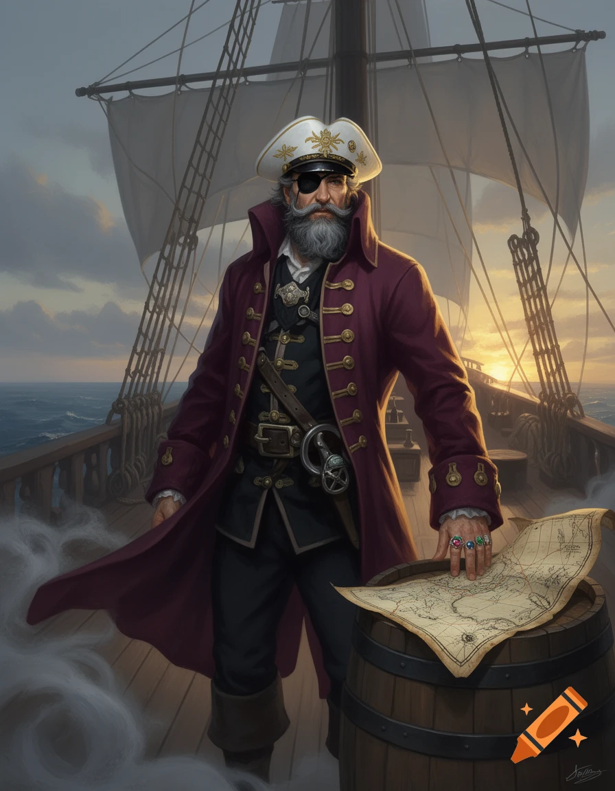A bearded pirate admiral with a white naval cap and eye patch stands on a ship deck, hand on a map, at sunset. Digital painting.