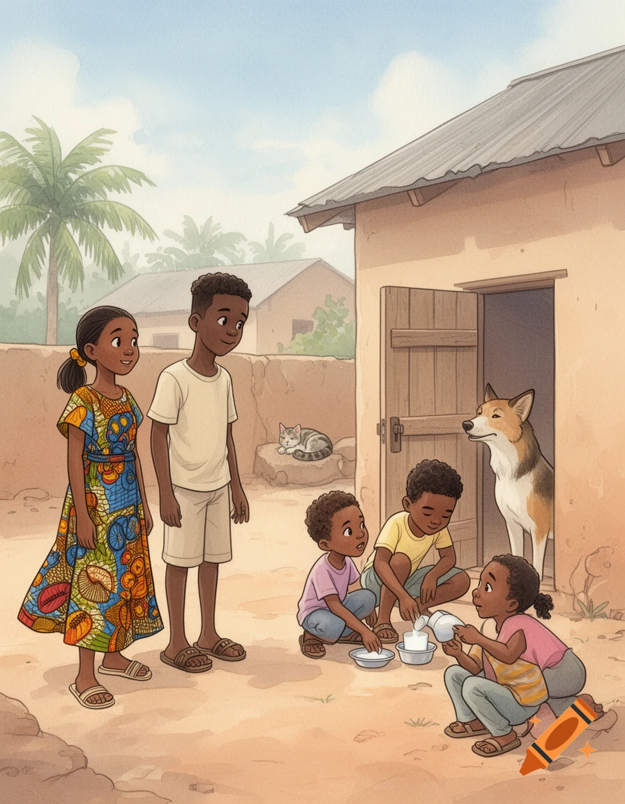Cartoon illustration of children in an African village, some feeding a cat milk while others observe. A dog stands near a house.