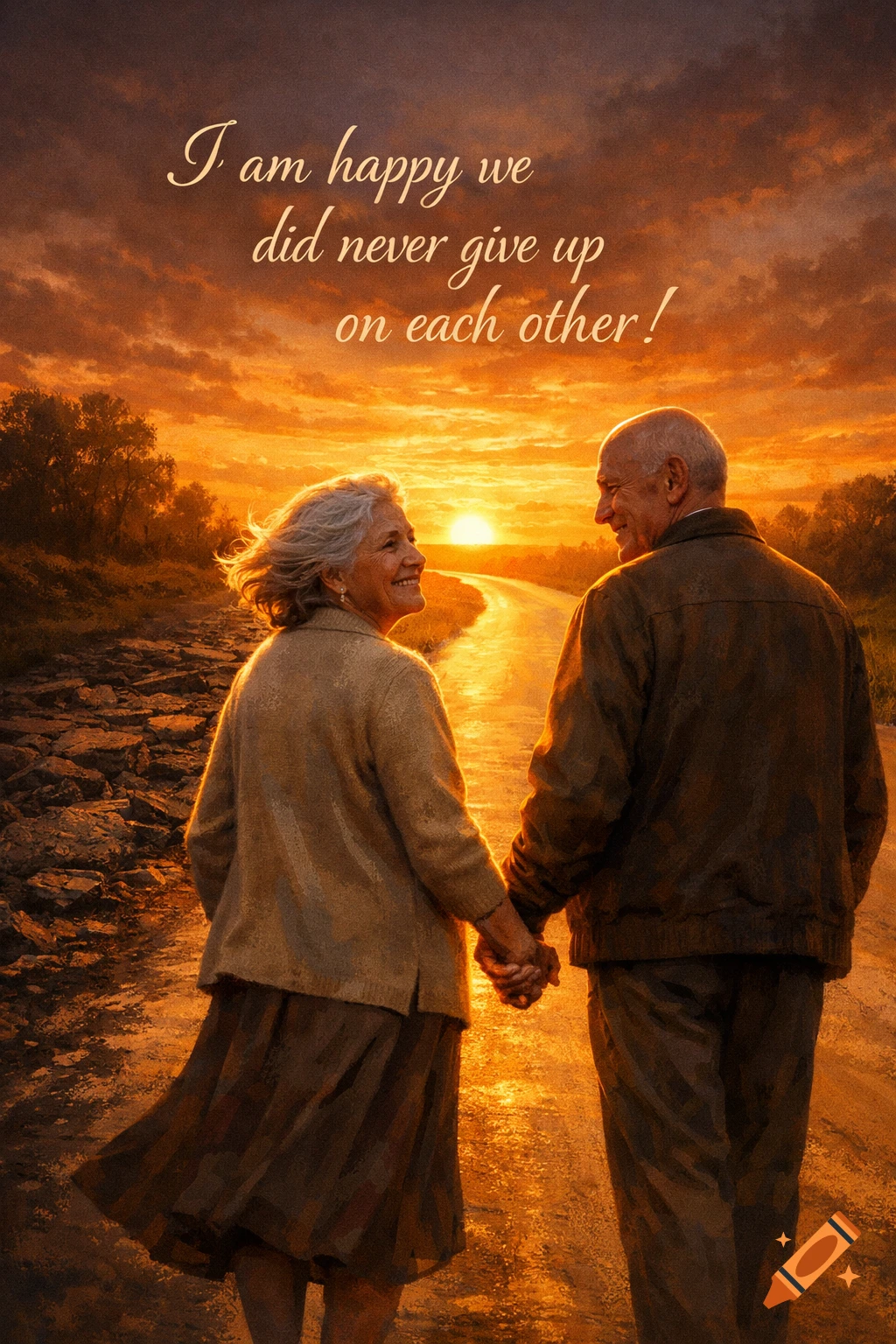 An elderly couple walks hand-in-hand down a golden sunlit road towards a sunset with text that says, 'I am happy we did never give up on each other!'.