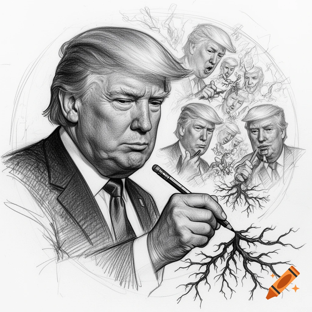 Pencil drawing of Donald Trump drawing intricate dark roots, with multiple smaller Trump figures in the background showing various reactions and interacting with roots.