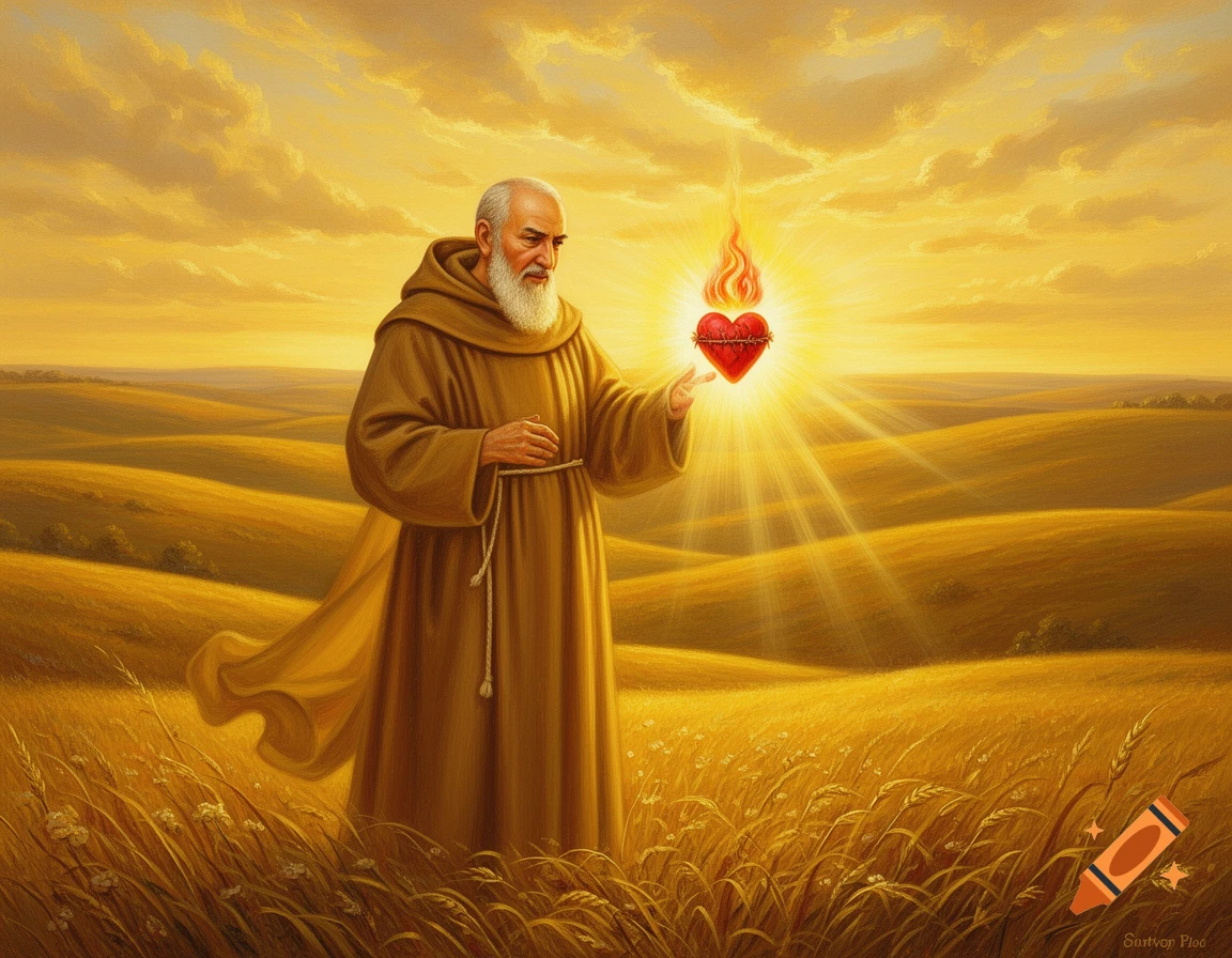 A painterly image of Saint Pio of Pietralcina holding the Sacred Heart of Jesus in a golden field under a radiant sky.