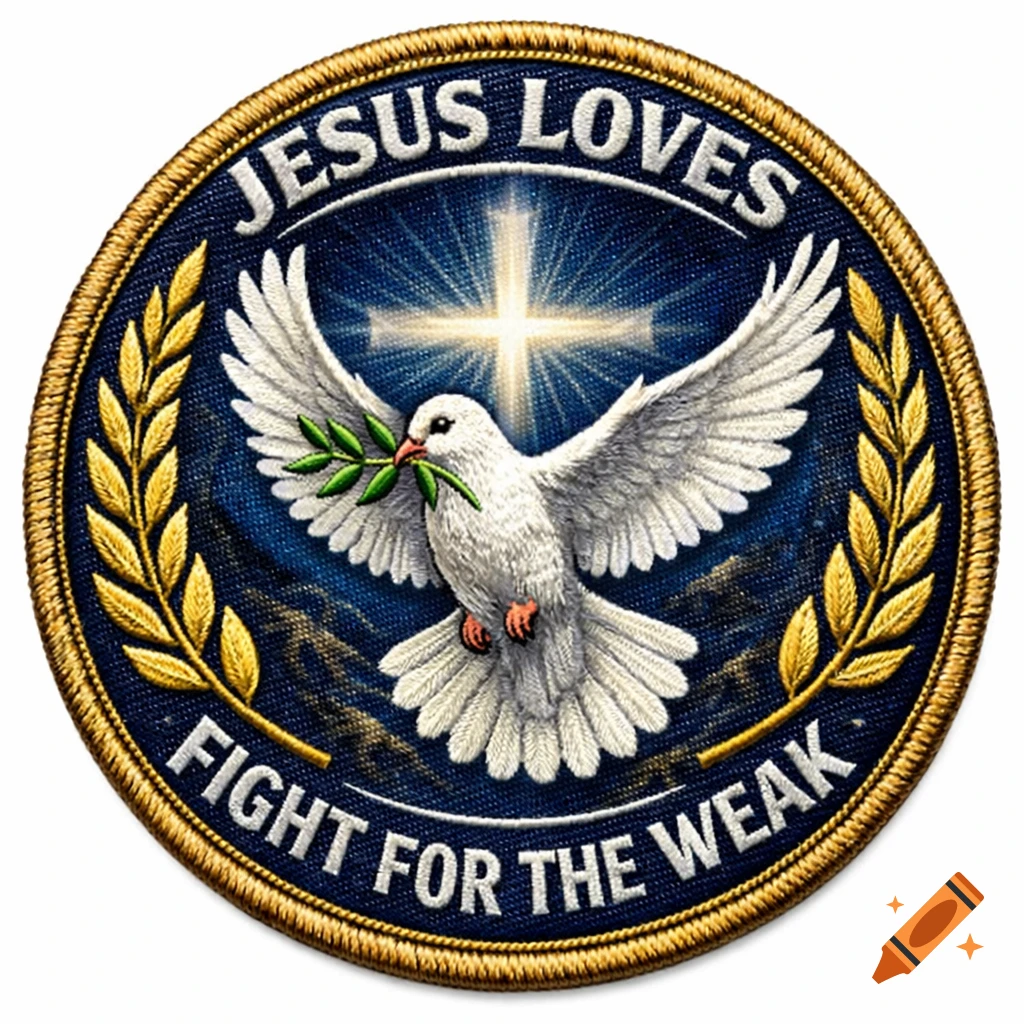 A circular embroidered patch with a white dove holding an olive branch against a blue background with a glowing cross. Golden laurels frame the center, and text reads 'JESUS LOVES' and 'FIGHT FOR THE WEAK'.