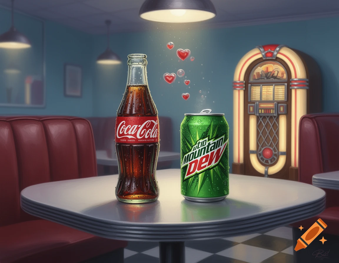 A Coca-Cola bottle and a Mountain Dew can on a shiny diner table with floating hearts, a jukebox in the background.