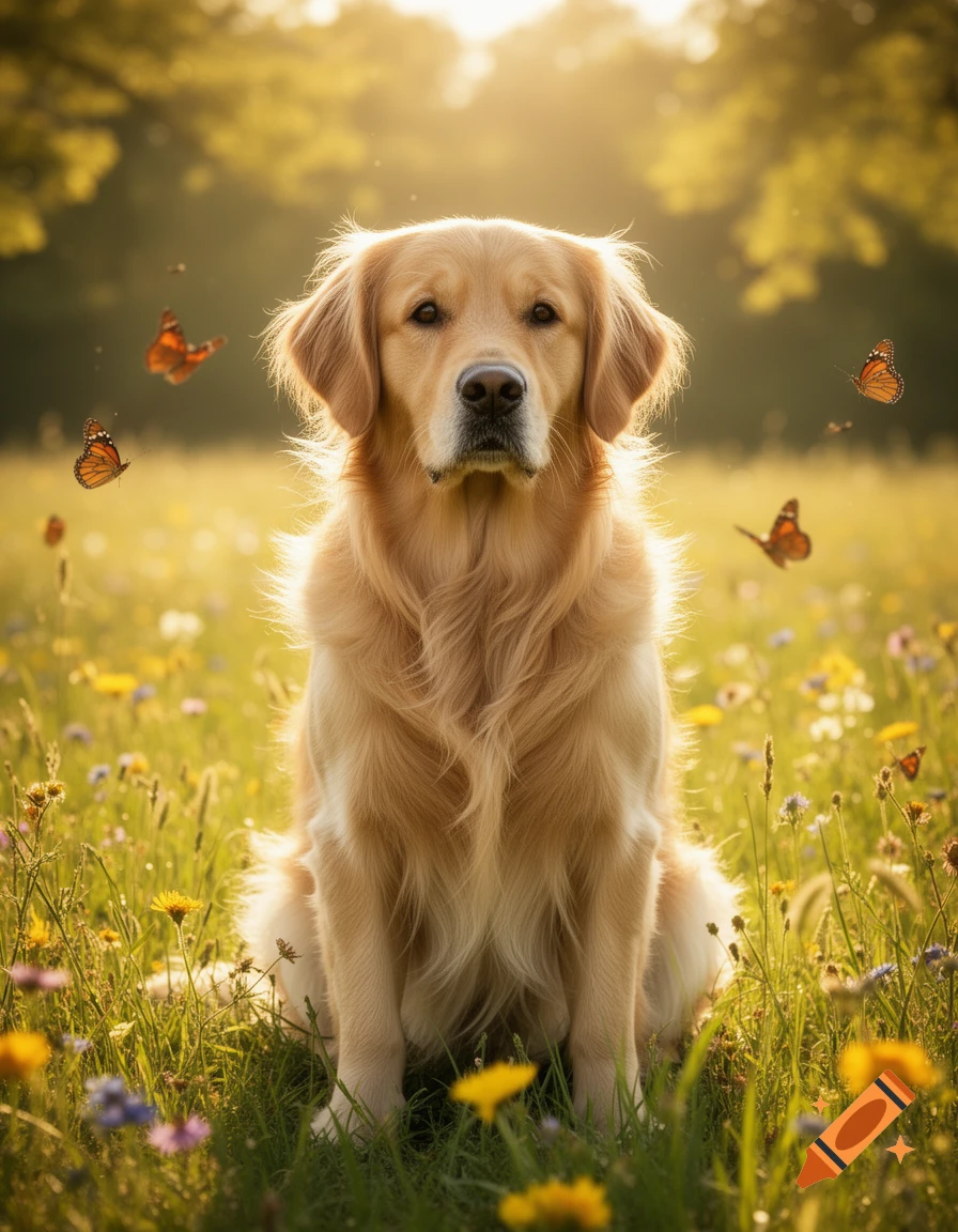 A golden retriever sits in a sun-drenched field of wildflowers with ...