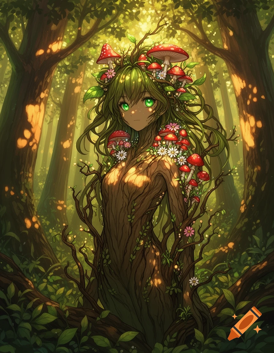 An anime girl with green mossy hair and bark skin, adorned with ...