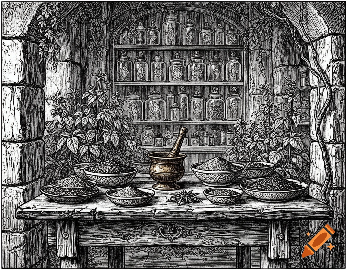 An antique quill engraving of an old apothecary shop with shelves of ornate jars, bowls of spices, and a mortar and pestle on a wooden table, surrounded by plants.