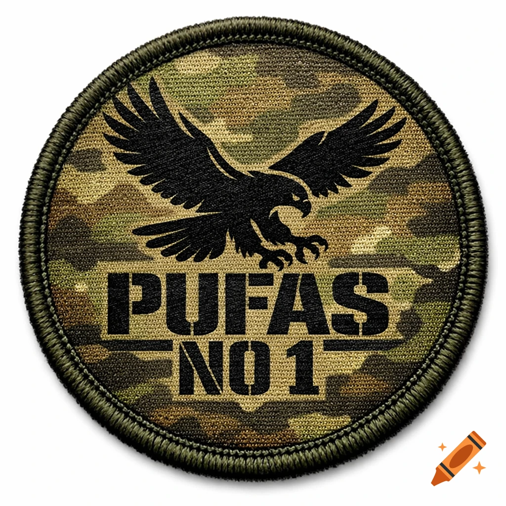 Circular military-style patch with a black eagle, 'PUFAS NO 1' text, and a camouflage fabric background.