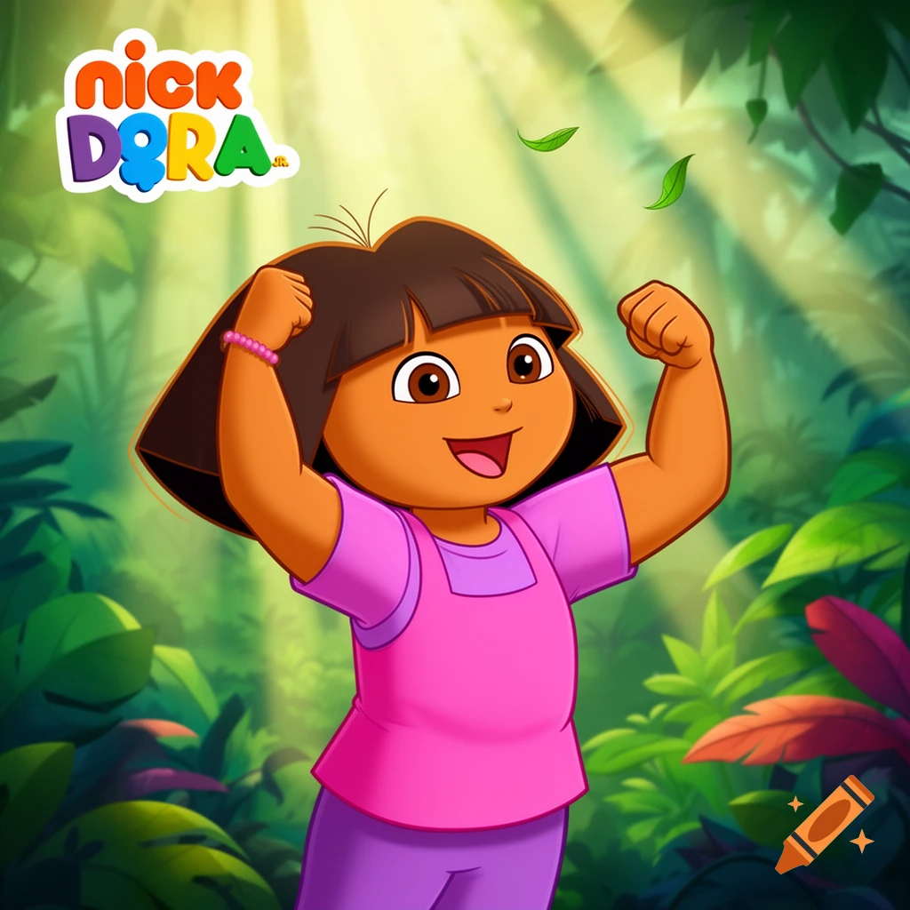 Cartoon Dora the Explorer, wearing a pink shirt and purple pants, flexes her muscles in a vibrant green jungle with a Nick Jr. logo.