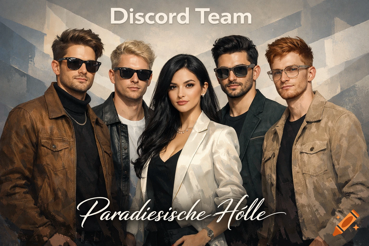 Five stylish young adults, four men and one woman, pose together. Text reads "Discord Team" and "Paradiesische Hölle".