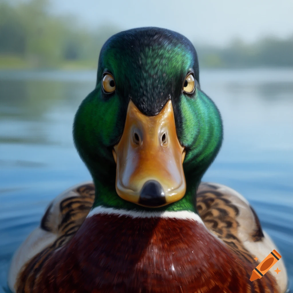 Close-up, head-on view of a mallard duck with a glossy green head and orange beak, floating in water, staring directly.