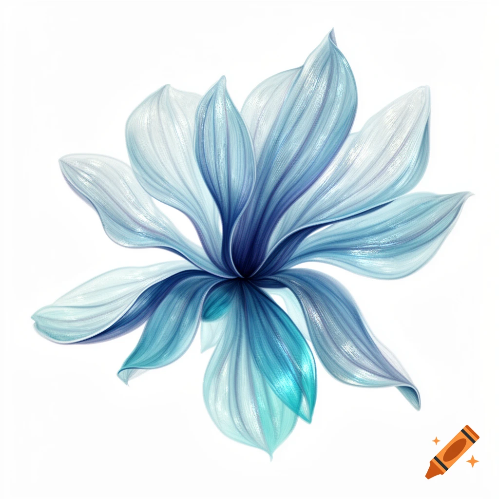 Stylized abstract blue flower with translucent petals on a white background, resembling a magnolia.