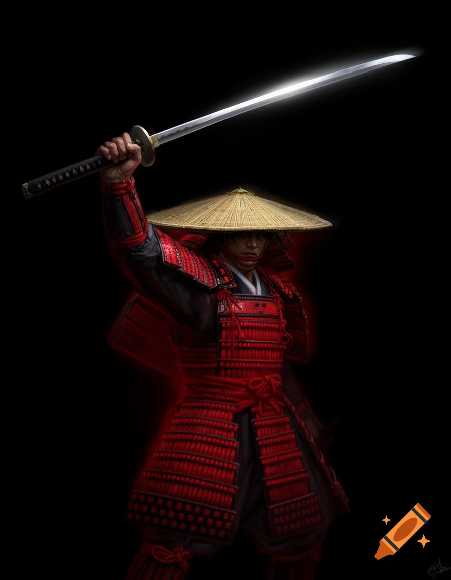 A samurai in crimson red armor and a straw hat raises a shining sword against a black background.