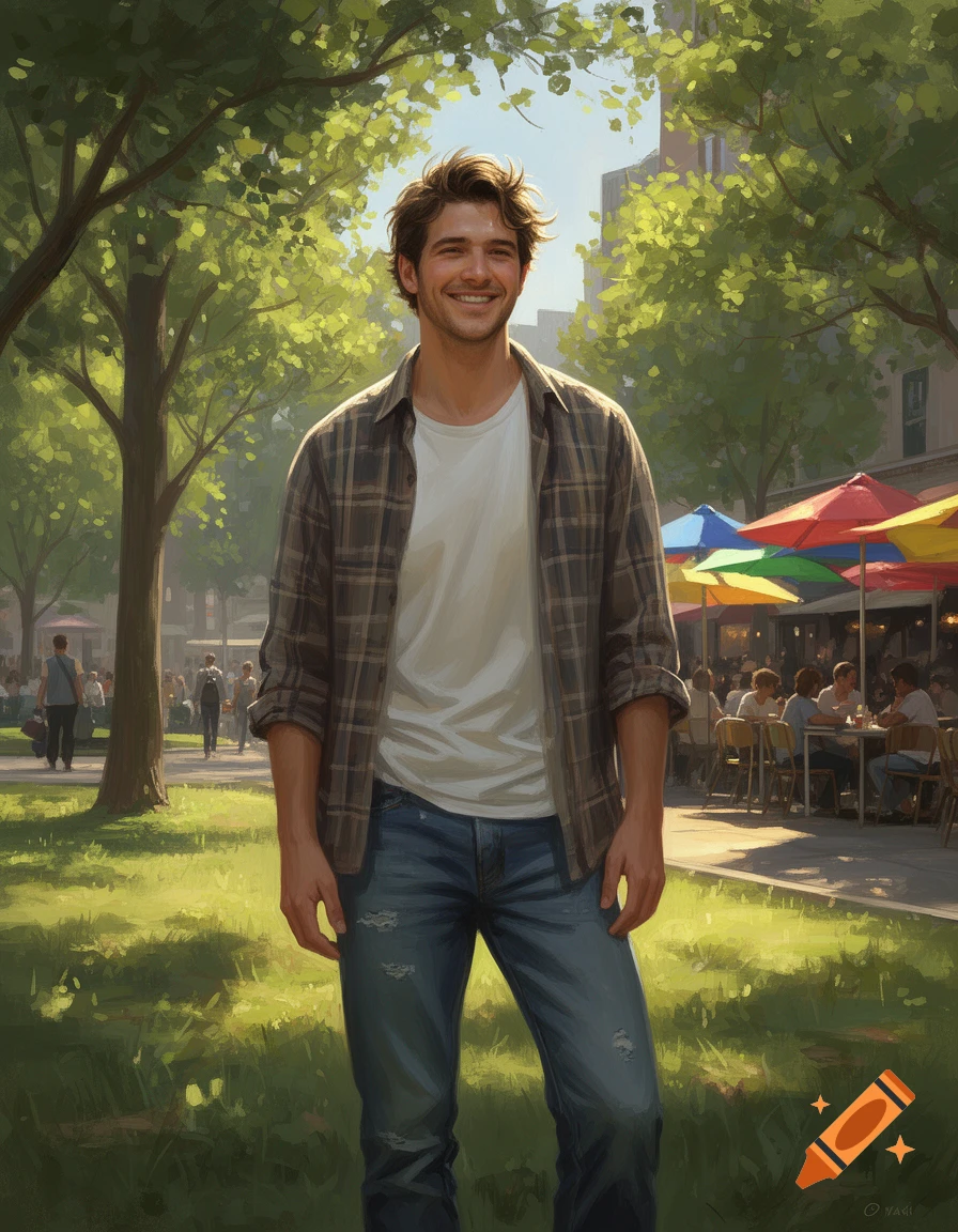 Smiling man in a plaid shirt and jeans standing in a sunny park with trees and an outdoor cafe, illustration style.