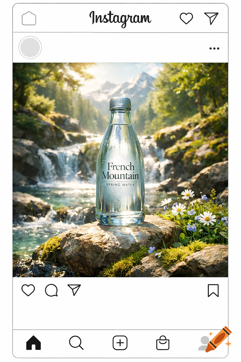 A photorealistic bottle of French Mountain Spring Water on a rock by a ...
