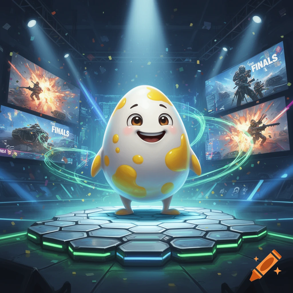 A happy, spotted egg mascot on a glowing hexagonal stage in an esports arena, with screens showing action from 'The Finals' game.