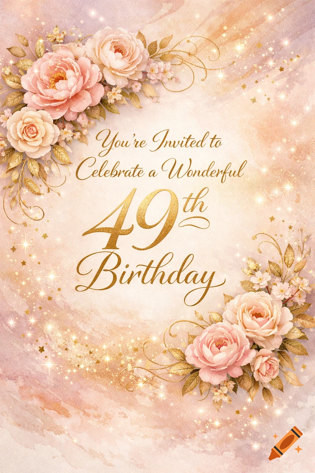 Elegant watercolor 49th birthday invitation with pink roses, golden leaves, and sparkling accents.