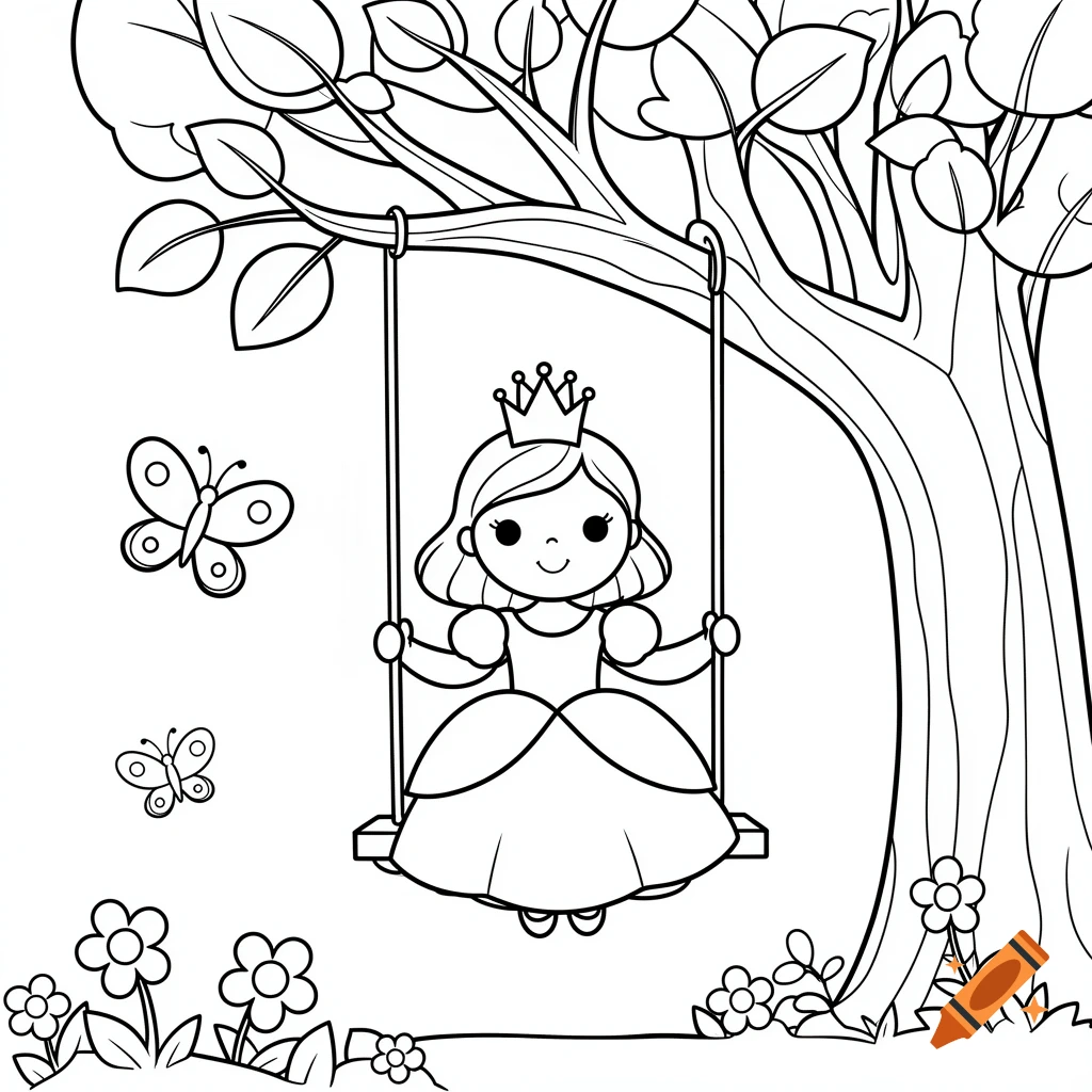 Black and white coloring page of a cute princess with a crown on a tree swing, with butterflies and flowers.