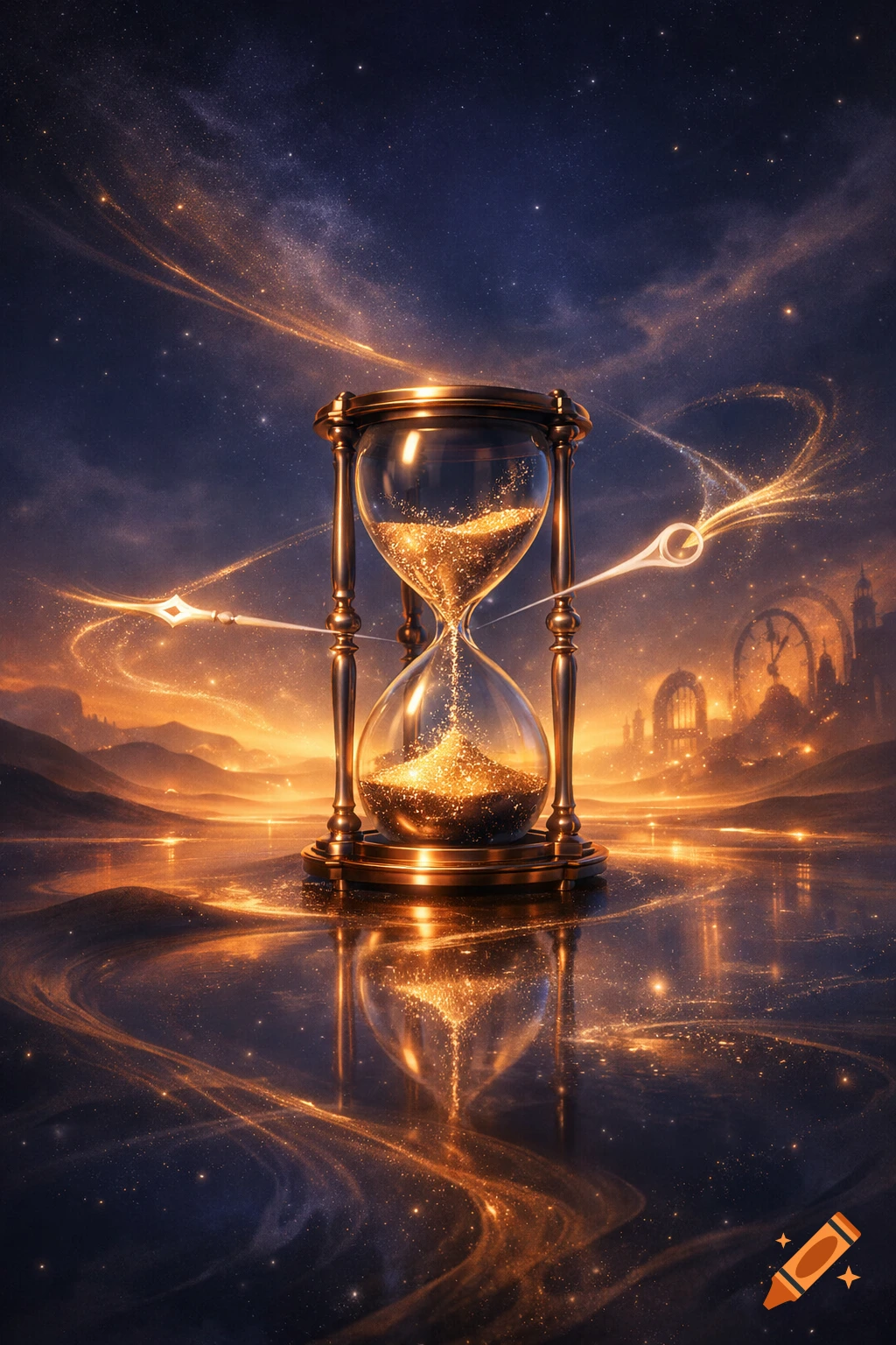 A glowing hourglass stands on a reflective surface under a starry night sky, with golden particles flowing like sand.