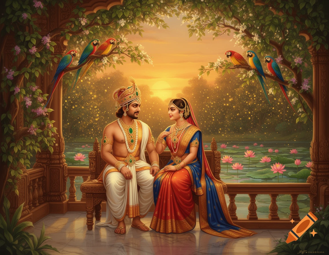 A richly detailed illustration of a king and queen sitting on a veranda by a lotus pond, with parrots on trees, at sunset.
