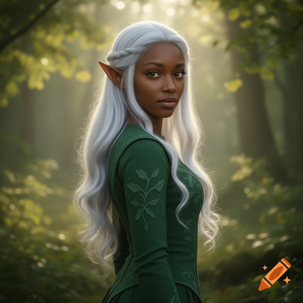 A photorealistic portrait of an elf woman with brown skin, white hair ...